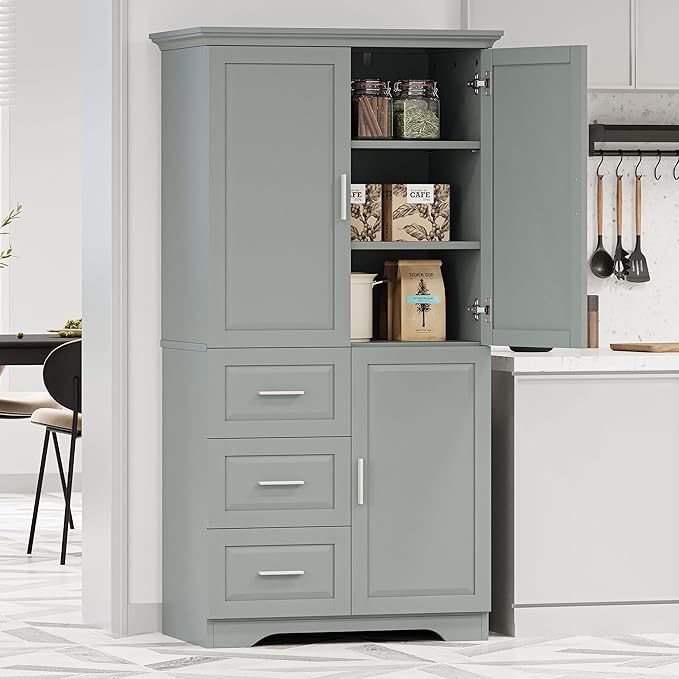 62.2" Wide Storage Cabinet Pantry Cupboard with Doors and Drawers for Home Kitchen, Bathroom and Living Room, Adjustable Shelf, White