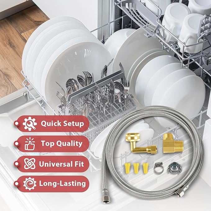 (10 Kit) Efield Dishwasher Installation Kit, 6 FT Stainless Steel Supply Hose, 3/8" X 3/8" Compression Adapter, 3-Wire 6” Power Cord with Tap,(HOSE149-10PCS)