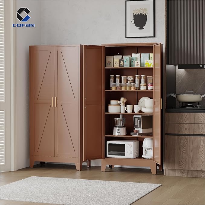 COFaR 71'' Tall Metal Pantry Cabinet, Kitchen Storage Cabinet with Doors and Shelves, Freestanding Farmhouse Food Cupboard for Kitchen Dinning Room Garage, Brown 5-Tier