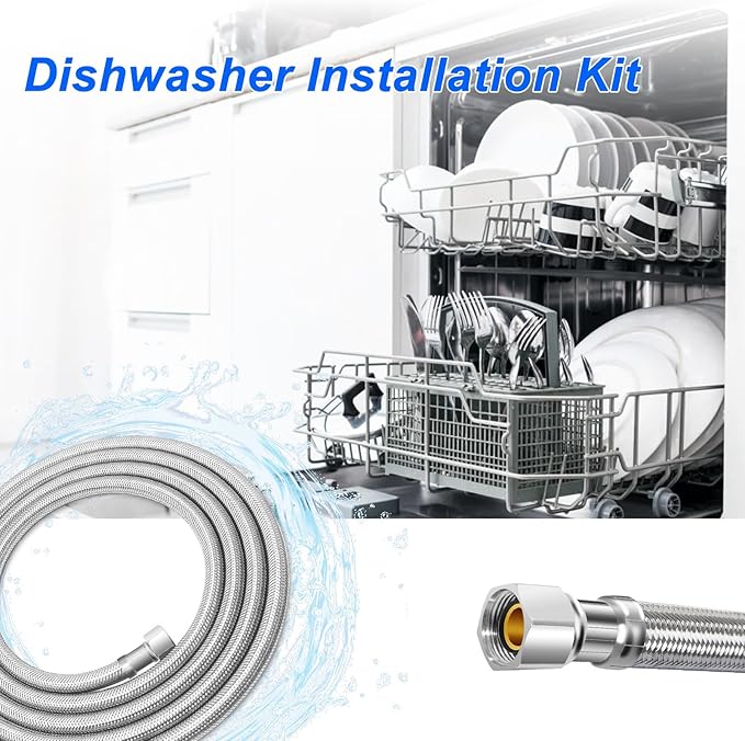Dishwasher Installation Kit - 6 FT Stainless Steel Dishwasher Hose with 3/8" Compression Connections,Food Grade PEX Inner Tube Dishwasher Water Supply Line with Elbows,Adapters