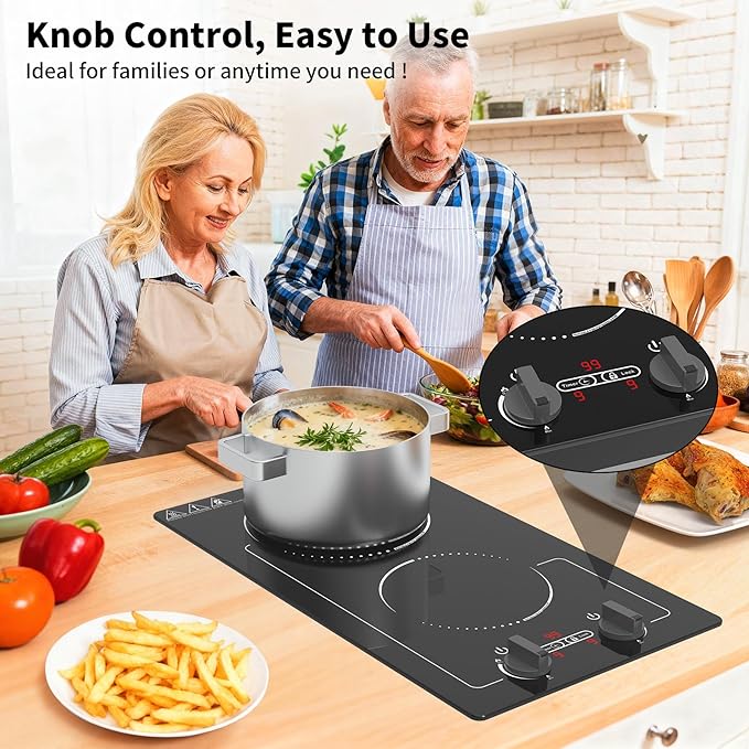 Double Induction Cooktop, 110V 2300W hot plate with LED Touch Screen, 9 Power Levels, Kids Lock & Timer, Overheat Protection, knob and touch control 2 burner Induction cooktop