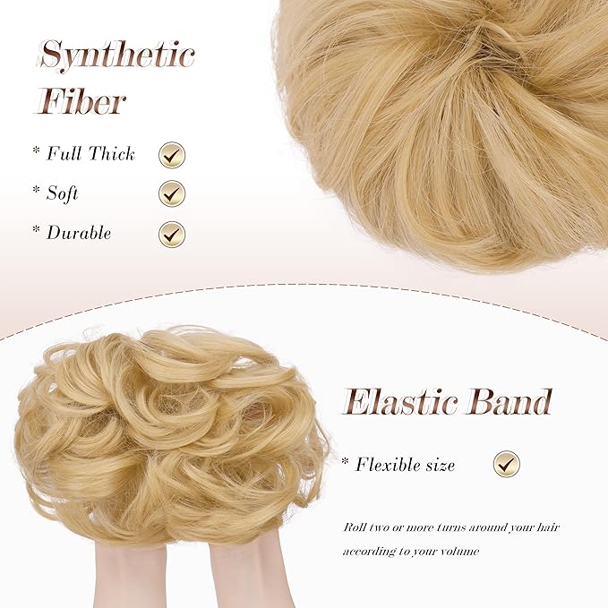 FESHFEN Large Messy Bun Hair Piece - Wavy Synthetic Chignon Scrunchies Elastic Ponytail Hair Extensions Thick Hairpieces for Women, Champagne Blonde 1.94oz