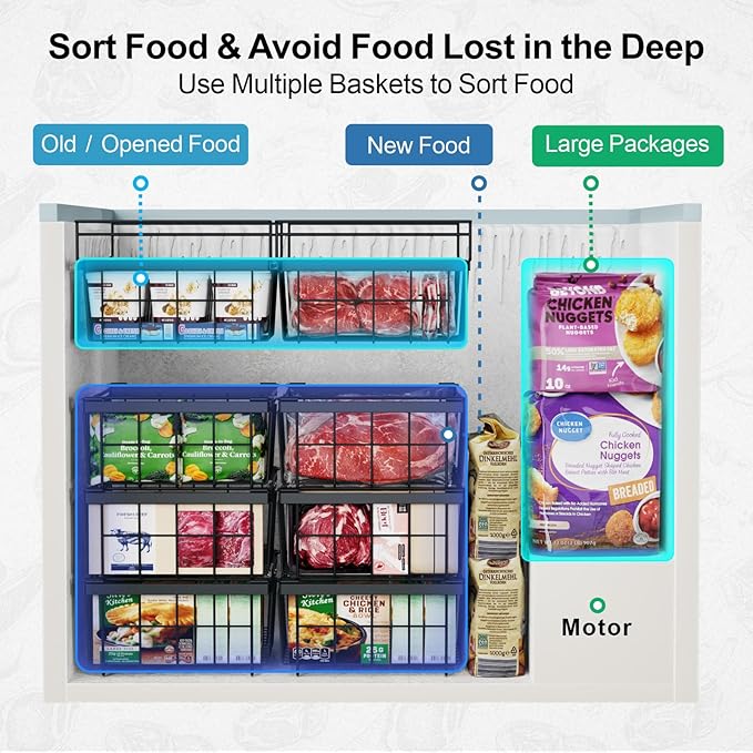 iSPECLE Deep Freezer Organizer Bins for 10 to 20 Cu.Ft, 3 Pack Stackable & Hanging Baskets, Expandable Metal Wire Storage System, Fits 17.5"-22.6" Width, Chest Freezer Only, Black