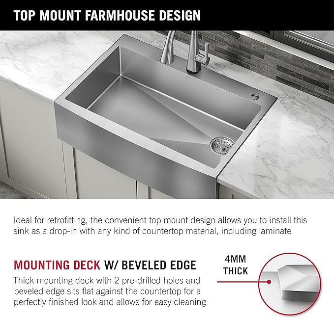 DELTA FAUCET Delta Lenta 33-inch Retrofit Farmhouse Apron Front 16 Gauge Stainless Steel Single Bowl Kitchen Sink for Undermount/Drop-In Installation with Accessories, 95J132-T33S-SS
