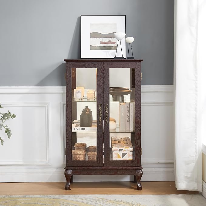 43" H Lighted Curio Cabinet Display Case, Glass Curio Cabinet with Adjustable Shelves and Tempered Glass Door, Wooden Cabinets w/Mirrored Back Pane for Living Room (Dark Cherry)