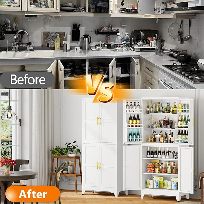 74.8" Tall Metal Food Cabinet, White Kitchen Pantry Cabinet, Storage Cabinets with 4 Door and 4 Adjustable Shelves, Steel Freestanding Cupboard for Kitchen Dining Room Living Room Bathroom