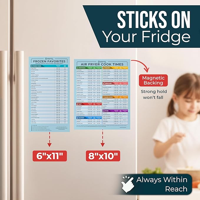 Cathy Yoder's Air Fryer Cheat Sheet Set, Air Fryer Accessories, AirFryer Cooking Guide Magnetic Cheat Sheet, AirFryer Cook Times Chart Magnet, Internal Food Temp for 80+ Popular Foods - Sea Blue