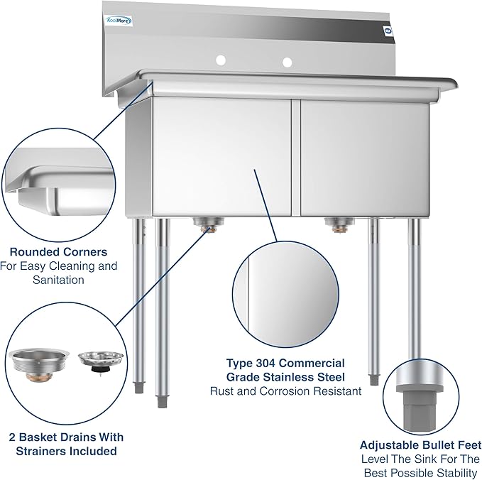 KoolMore - SB151512-N3 2 Compartment Stainless Steel NSF Commercial Kitchen Prep & Utility Sink - Bowl Size 15 x 15 x 12", Silver