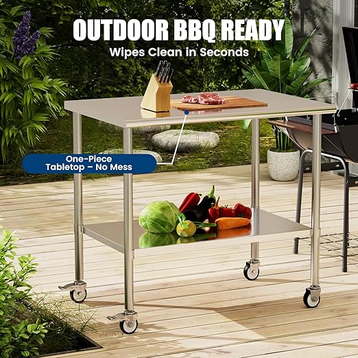 Stainless Steel Work Table with Wheels, 30x48 Inch NSF Kitchen Prep Table with Adjustable Undershelf for Commercial Restaurant, Garage, Outdoor BBQ
