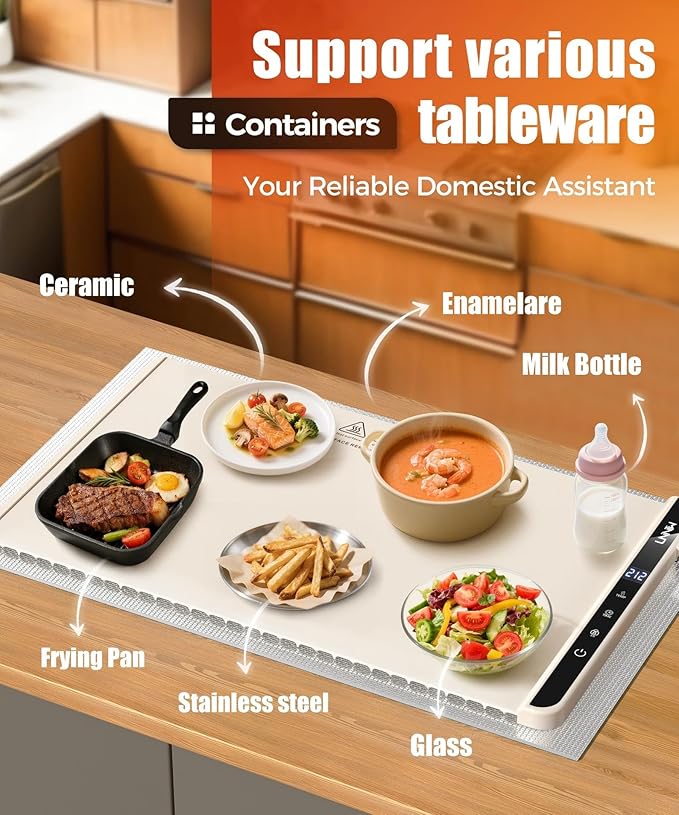 Food Warming Mat with Heat-Resistant Pad, 26X15 Inch, 6-Level Temp 6-Hour Timer, Child Lock Safety,Food Warmer Chafing Dishes for Buffet.