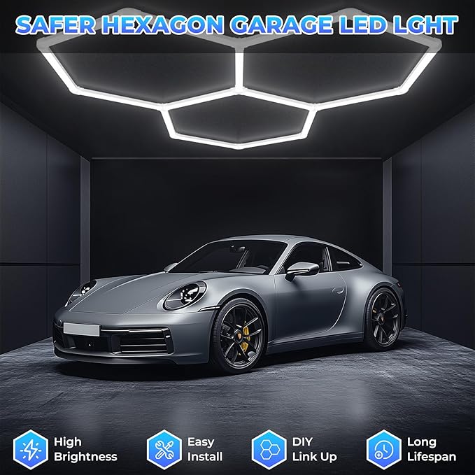 Hexagon Garage Lights-128W LED,5000K 14080LM Updated Bigger Size 16 Pack Lights for Car Detailing,Workshop,Basement,Gym,Bar