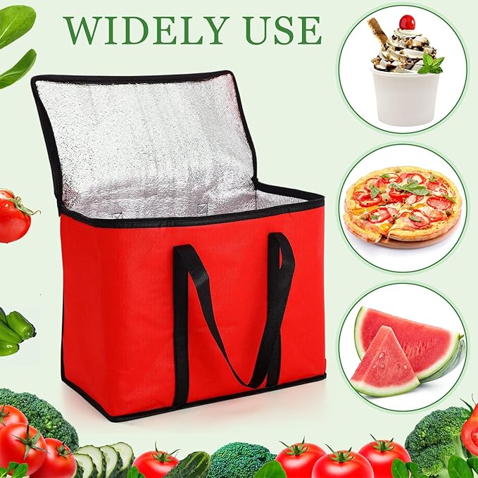Kenning 15 Pcs Large Insulated Reusable Grocery Bags with Sturdy Zipper and Handles Foldable Washable Cooler Totes Heavy Duty Hot or Cold Food Delivery Bag for Food Transport Travel Lunch (Red Black)