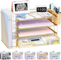 OPNICE Desk Organizer, 4-Tier Desktop File Organizer with Drawer and 2 Pen Holders, Office Desk Accessories, File Sorters, Workspace Organizers for Office Supplies(Gold)