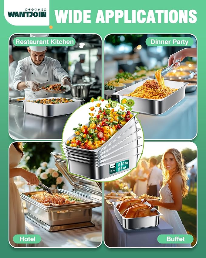 WantJoin Steam Table Hotel Pans 1/1 Full Size 4 Inch Deep 6 Pack, Stainless Steel Metal Tray Sets Food Storage Container for Restaurant Chafing Dishes Commercial Buffet Warmer Catering Supplies