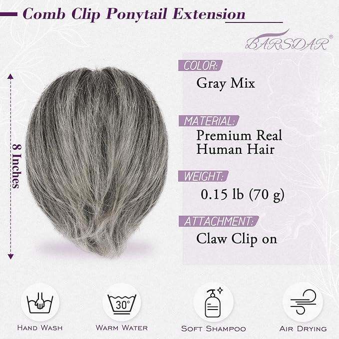 BARSDAR Claw Clip Short Human Hair Ponytail Extension - DIY Styles 8 Inch Real Human Hair Gray Messy Bun Hairpieces for Women - Thick Natural Short Ponytail with Bendable Metals Daily Wear