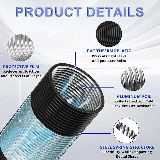 10 Inch Flexible Ducting Hose 16 Feet Black Aluminum Ducting -4 Layer Protection Dryer Vent Hose for HVAC Heating Cooling Ventilation and Exhaust, 2 Clamps Included