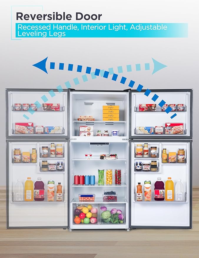 BLACK+DECKER 20.1 Cu. Ft. Top Mount Refrigerator with Freezer, 2 Door Fridge with Top Freezer and Adjustable Temperature Control, Full Size Kitchen Refrigerator, ENERGY STAR, BR2010JS, Stainless Look