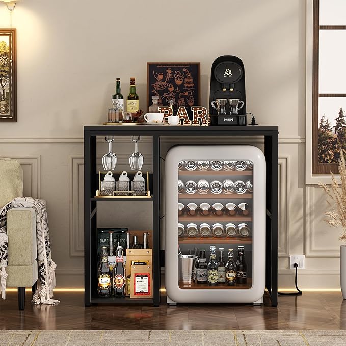 Homieasy Mini Fridge Cabinet Stand with Power Outlet, Coffee Bar Cabinet with Mini Fridge Space, Bar Stand with Microwave Shelf with Wine Rack for Kitchen, Dorm, Black
