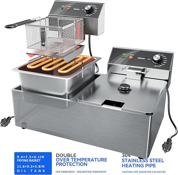 Commercial Deep Fryer Stainless Steel Dual Tank Electric Deep Fryer with 2 Baskets Capacity 2 X 10L Electric Countertop Fryer for Restaurant and Home Use, 120V 3600W