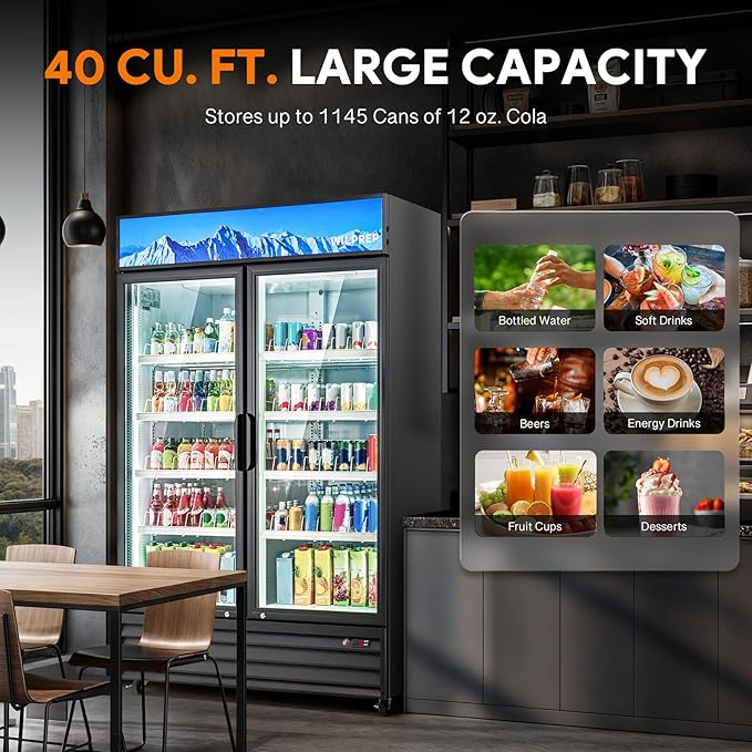 Wilprep Two Door Commercial Refrigerator, 40 cu. ft. Swing Door Merchandiser Refrigerator with Tempered Glass & LED Lighting, ETL Listed Fog Free Beverage Display Refrigerator for Office Bar Store…