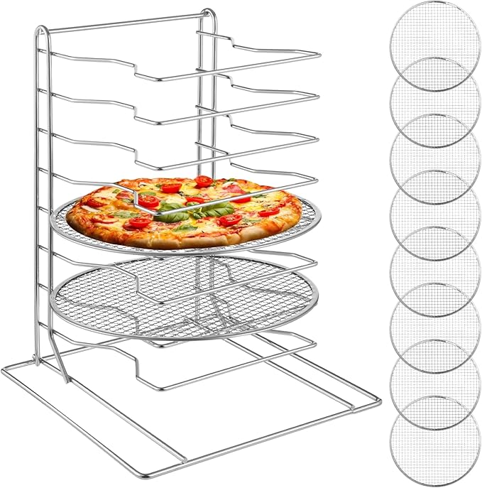 8 Tier Pizza Rack With 8 Perforated 12 Inch Perforated Pizza Pans with Holes, 16.7'' H x 12'' L x 12'' W Stainless Steel Pizza Pan Rack Holder for Buffet Table, Easy Storage Multiple Pizzas (8 Tier)
