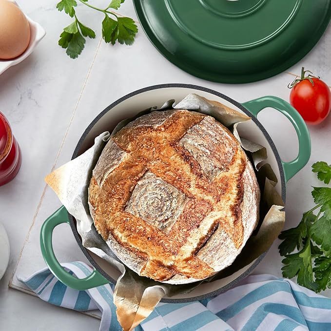 TeamFar Enameled Cast Iron Dutch Oven - 3QT Small Dutch Oven Pot with Lid - Heavy Duty Cast Iron Pot Cookware for Bread Baking, Braising, Stewing, Roasting, Basil Green