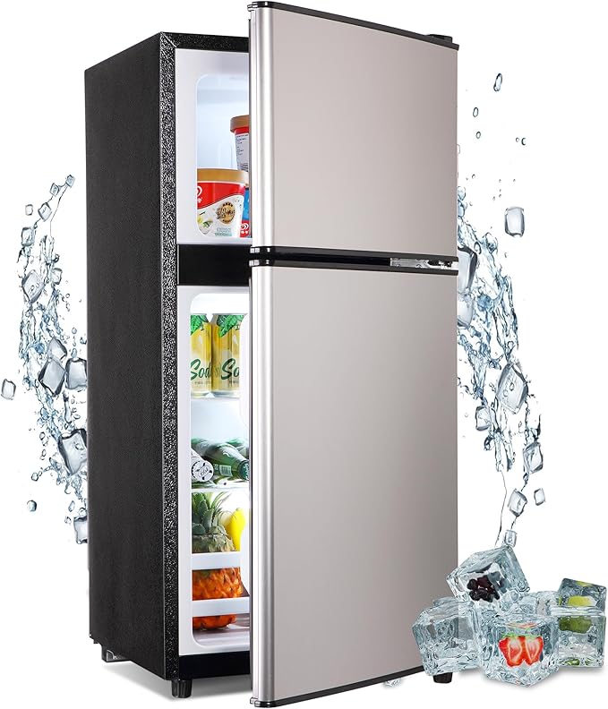 Mini Refrigerator with Freezer 4.0 Cu. Ft., Small Dorm Fridge with Freezer, Adjustable Thermostat Compact Fridge Freezers for Apartment, Dorm, Kitchen, Office, Silver
