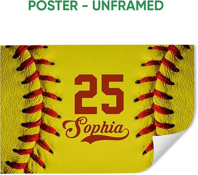Personalized Softball Poster & Framed Canvas - Close Up Of Softball Ball Home Office Decor, Custom Name Number Bedroom Living Room Aesthetic Wall Art Gift For Daughter Girl, Women