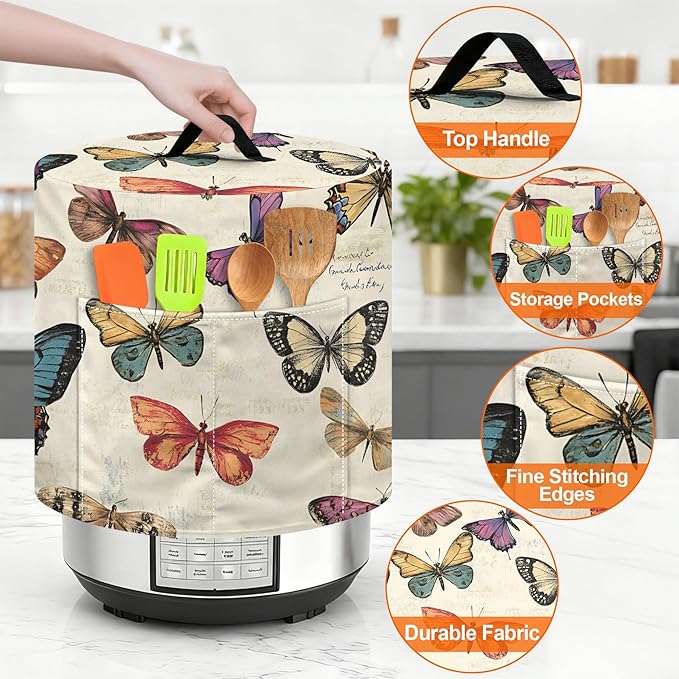 Kitchen Appliance Accessories Dust Cover for 3-6-8 Quart Instant Pot, Pressure Cooker, Air Fryer & Crock Pot,Decorative Appliance Cloth Cover with Top Handle & Storage Pockets (Butterfly, 6 Quart)