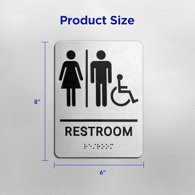 Restroom Sign, Brushed Aluminum ADA Raised Braille Restroom Signage for Business, Unisex Bathroom Sign with Strong Self-Adhesive, Wheelchair Accessible, Silver, Size 8’’* 6’'