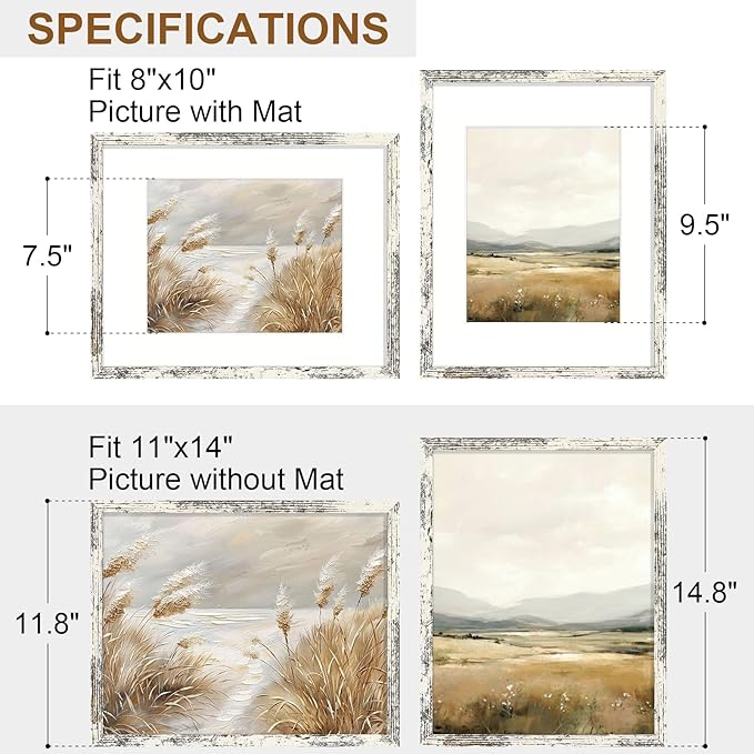 Vittanly 11x14 Picture Frame Set of 2, Solid Wood Frame for Wall Art Photo and Prints, Display Photo 8x10 with Mat or 11x14 without Mat, Distressed White