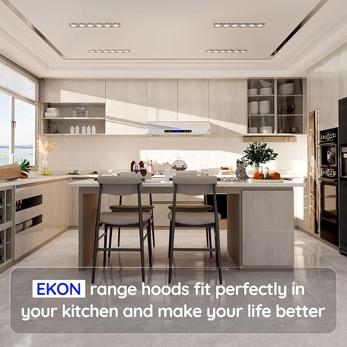 EKON 30 inches Under Cabinet Range Hood, 900 CFM Stainless Steel Kitchen Chimney Vent, 4 Speed Touch Screen Control With Remote 2Pcs 3W LED lights Dishwasher-safe Filters Fan Timer