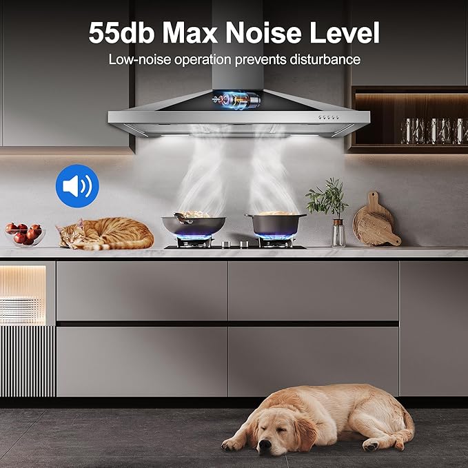 Tiesay Wall Mount Range Hood 36 inch with Ducted/Ductless Convertible Duct, Kitchen Hood Stainless Steel Chimney-Style Over Stove Vent Hood with LED Light, 3 Speed Exhaust Fan, 450 CFM