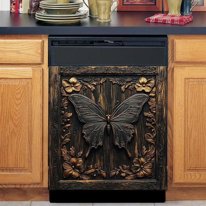 Farmhouse Butterfly Dishwasher Magnet Cover,Vintage Butterfly Wood Floral Magnetic Dishwasher Cover Vinyl Sticker,Fridge Door Cover Magnets Art Skin Panel Decal,Home Decor Decal,23"X26"
