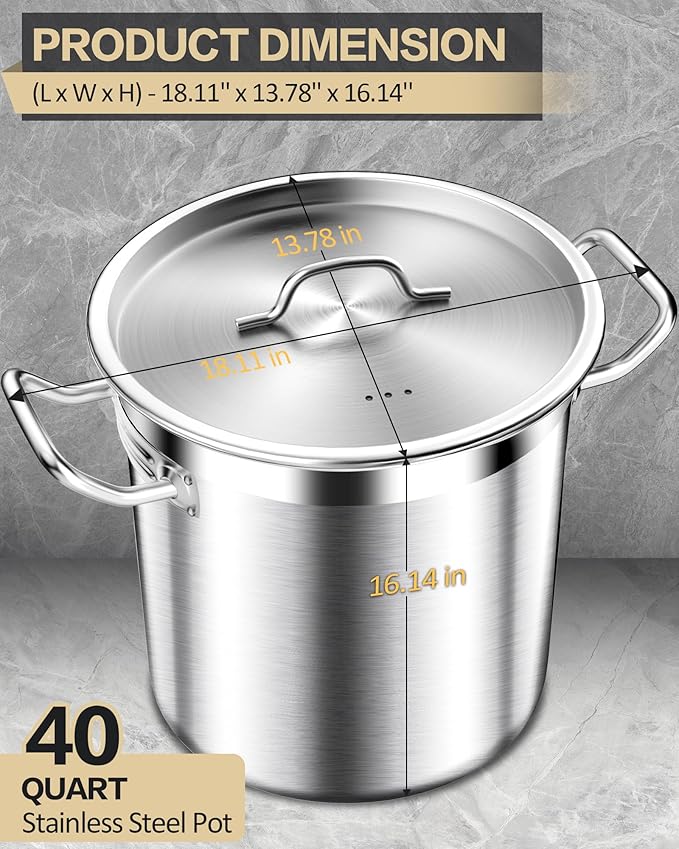Large Stock Pot with Lid – Professional Stainless Steel Stockpot 40 Quart – Heavy Duty Cooking Pot for Catering, Soup, and Seafood Boil – Compatible with Most Cooktops
