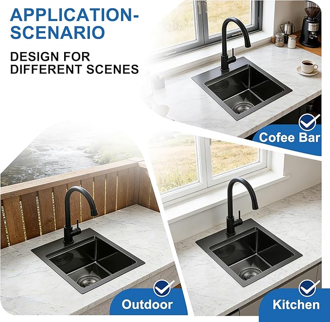 Scamall 13x15x9 Drop In Kitchen Sink Workstation, Nano Black 304 Stainless Steel Deep Single Bowl with Quick Drainage & Tarnish-Free Surface for Bar, Laundry, RV, Includes Accessories
