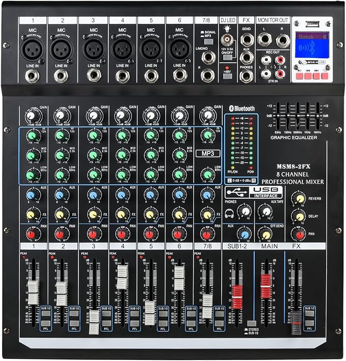 Dj Mixers 8 Channel Audio Mixer Sound Board with Bluetooth, Usb Audio Interface with 48V Phantom Power Sounds Mixer Board with FX Reverb Delay Effect for Streaming