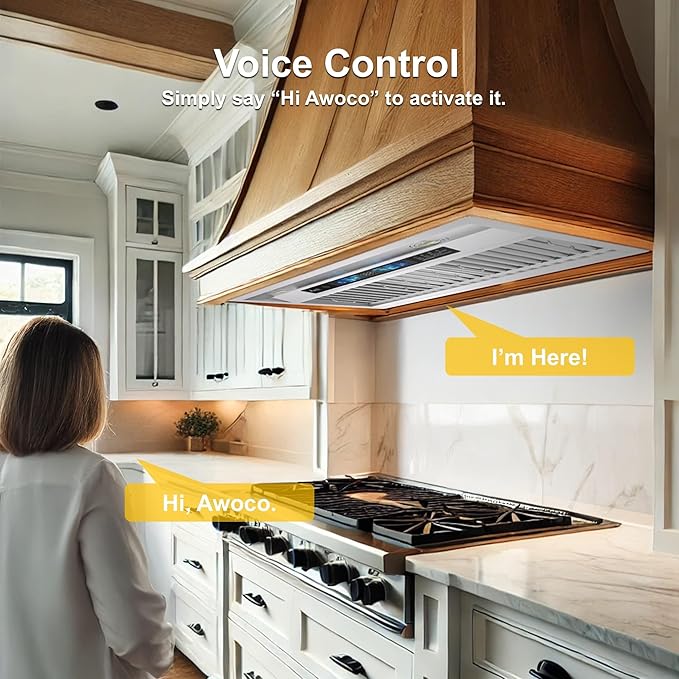 Awoco Range Hood Insert 36 Inch, Built-in Kitchen Hood with 800 CFM, Voice/Gesture/Touch Control, Stainless Steel Stove Hood with 4 Speed Exhaust Fan, Ducted, Ductless Convertible, Charcoal Filter