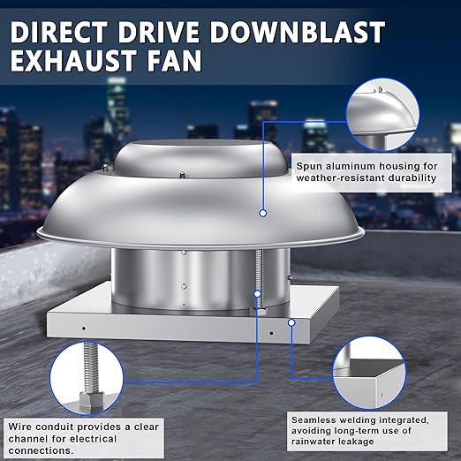 Roof Mounted Downblast Exhaust Fan Direct Drive Axial Exhaust Fan -21" Fan Base, 1/6 HP 1160 CFM 115 Volt Single Phase Motor