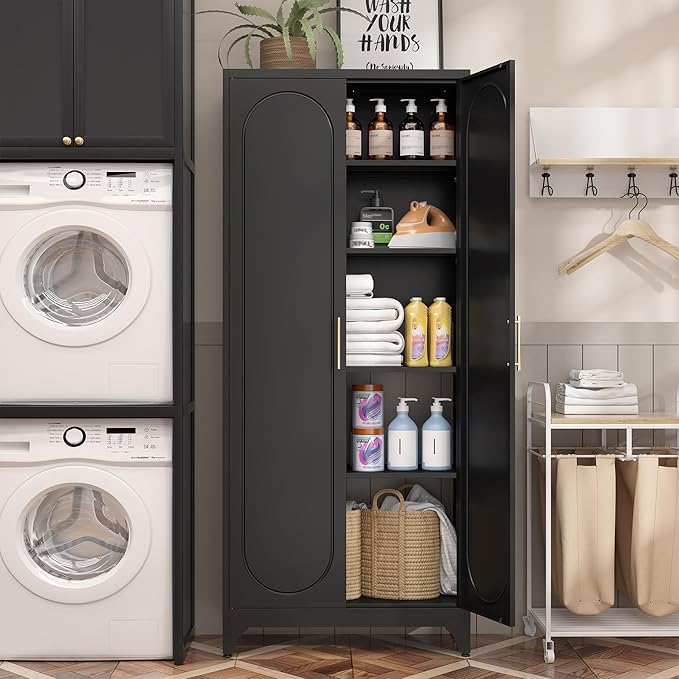 Kitchen Pantry Cabinet,75 Inch Black Metal Storage Cabinet with Door and Adjustable, Tall Pantry Cabinets for Kitchen Storage,Cupboard for Living Room,Dining Room and Bathroom
