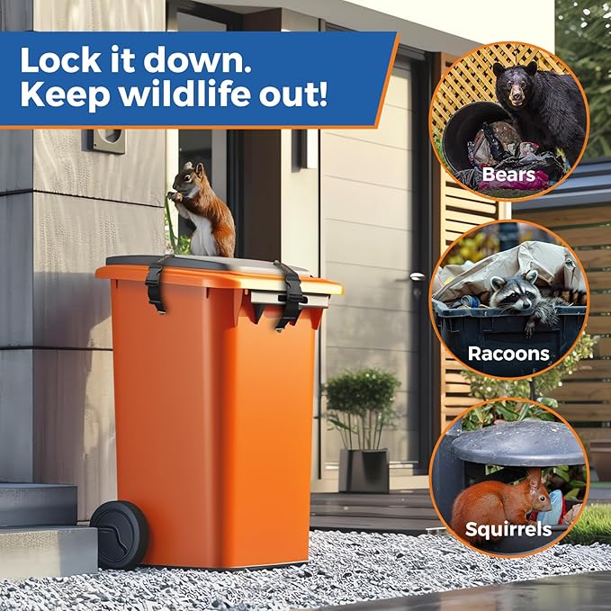 Trash Can Lock for Animals, 2PCS Adjustable Straps Garbage Can Locks for 28-100 Gallon Outdoor Bins, Bear Proof Trash Can Lock with Anti-Rust Metal Buckle, One-Hand Release Lid Locking(Deep Black)