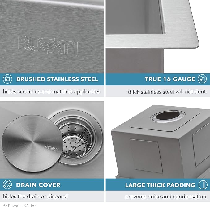 Ruvati 23" Workstation Ledge Bar Prep Kitchen Sink Undermount 16 Gauge Stainless Steel Single Bowl - RVH8308