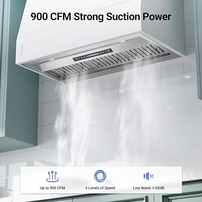 IKTCH 42 inch Built-in/Insert Range Hood 900 CFM, Ducted/Ductless Convertible Duct, Stainless Steel Kitchen Vent Hood with 2 Pcs Adjustable Lights and 3 Pcs Baffle Filters with Handlebar