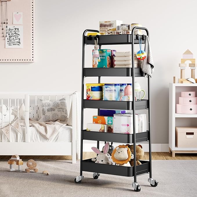 TOOLF 5-Tier Metal Rolling Cart with Wheels, Storage Utility Organizer Cart for Kitchen, Bathroom, Office, Baby Essentials & Makeup - Lockable Casters, Easy Assembly, Large Capacity, Black