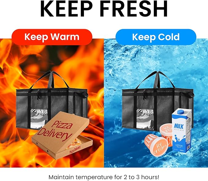 NZ home Insulated Bags for Food Delivery (3XL) Grocery Shopping Cooler Bag, Pizza Delivery, Hot & Cold Catering Tote, Reusable, Foldable & Heavy Duty (4 Pack, Black)