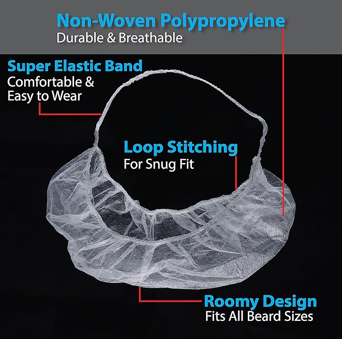 ProtectX Disposable Beard Covers Protector, Disposable Bouffant Beard Net 19x9 inch - White 100 Pack
