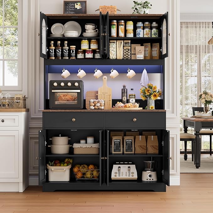 HIFIT 71" LED Kitchen Pantry Cabinet with Power Outlet, Large Kitchen Hutch Storage Cabinet with Arched Door & Shelves & 2 Drawers, Tall Farmhouse Coffee Bar w/Hutch for Home Dining Living Room, Black