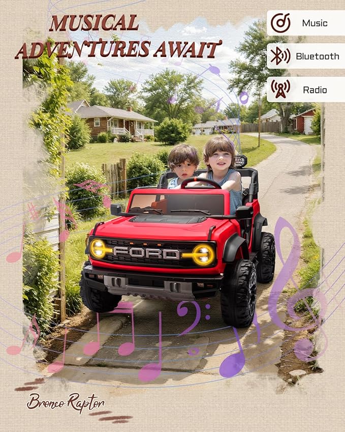 First Ride On Ford Bronco 24V Ride on Toys for Boys & Girls, 2 Seater Kids Electric Car with Remote Control, Kids Ride on Truck with 4 Wheels Suspension, Led Lights, Safety Belt (24V, Red)