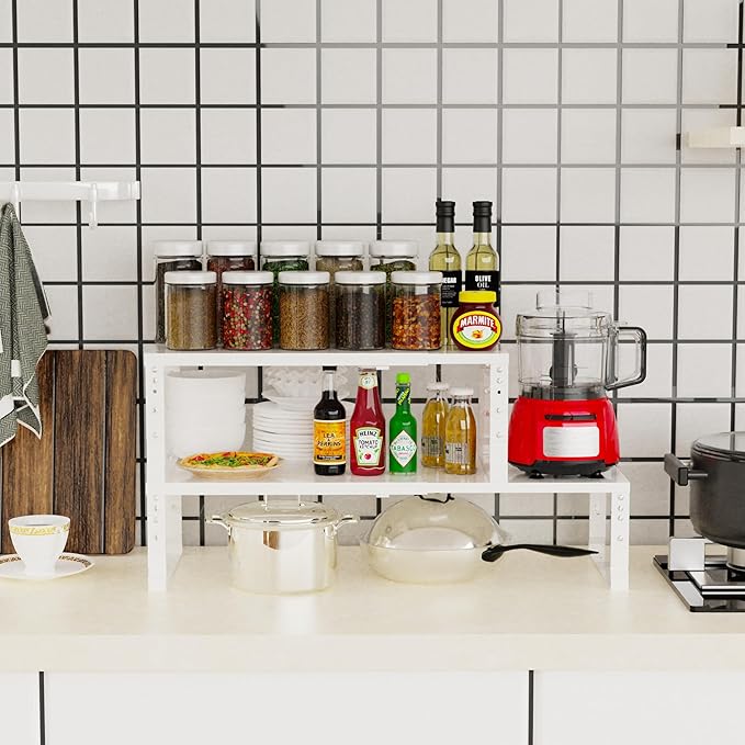Expandable Stackable Spice Rack Organizer for Kitchen Cabinet,Adjustable Counter Shelf, countertop, Pantry,Cupboard,Bathroom,Bedroom(2Packs/White/Large)