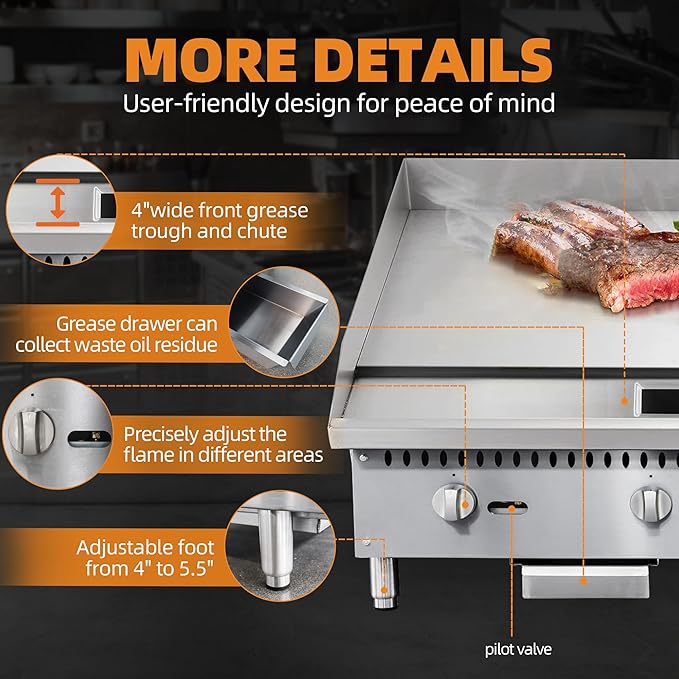48" Commercial Countertop Griddle, 4 Burners Gas Griddle, 120000 BTU Output, Stainless Steel Flat Top Grill Hot Plate with Natural Gas and Propane Conversion Kit for Restaurant, Food Truck